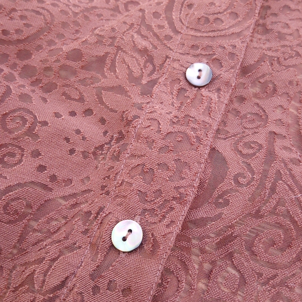 Brown Patterned Semi Sheer Button Down Front Blou… - image 5